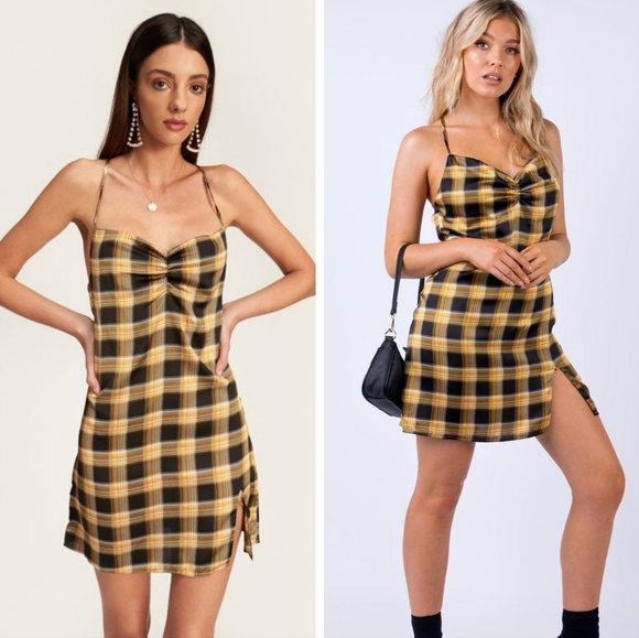Urban Outfitters Lioness Sun City Plaid Sweetheart Neck Mini Dress Yellow Small - Picture 5 of 13
